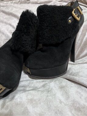 Fendi FF Black Fendista Shearling Fur Suede Buckled Platform Ankle Boot 39